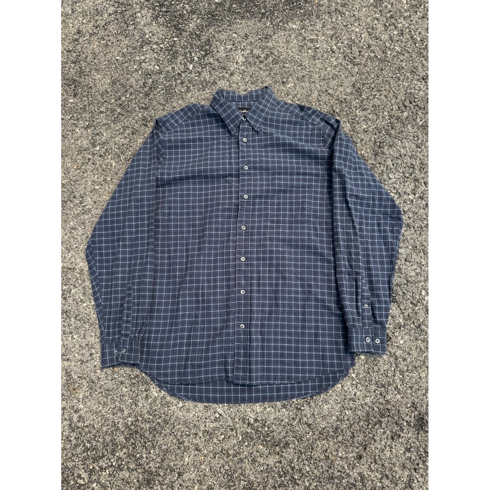 Eddie Bauer Mens Tall Large Navy Blue Grid Plaid Cotton Button Down Shirt L Tall